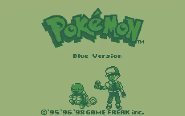 4K Ultra HD PC wallpaper of the Pokémon Red & Blue video game — pixel-art Blue Version title screen showing trainer Red and Squirtle in vintage Game Boy green tones.