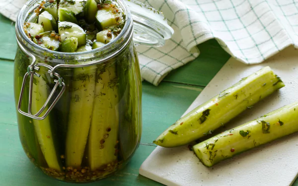 HD desktop wallpaper featuring a close-up of a jar filled with green pickles and spices, alongside fresh pickles on a green surface with a checkered cloth in the background.