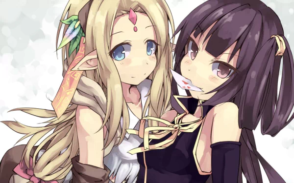 A vibrant anime illustration featuring two characters, Clammy Zell and Fiel Nirvalen, with pointed ears, purple and blonde hair, and captivating eyes, set against a soft background.