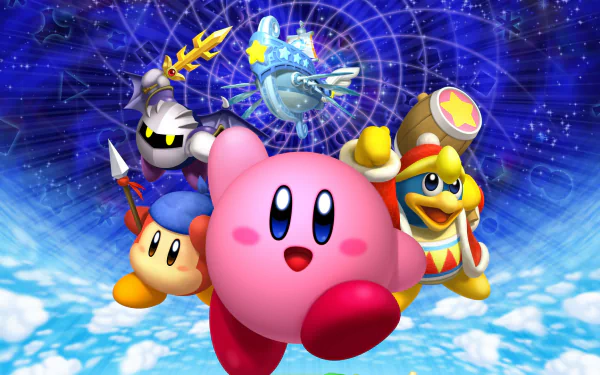 HD PC desktop wallpaper featuring Kirby and friends from the video game Kirby's Return to Dream Land in a vibrant cosmic background.