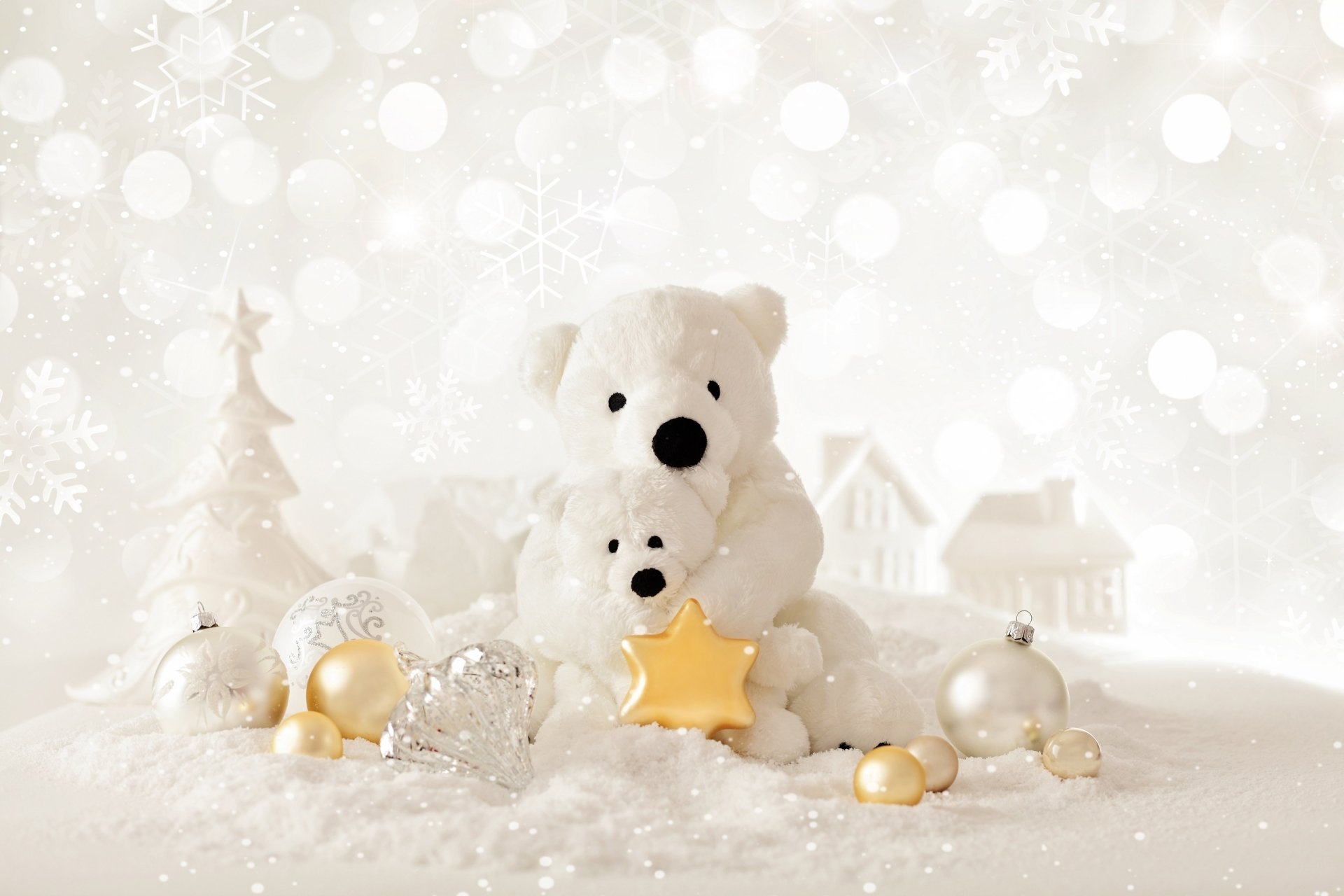 A cozy holiday scene featuring a fluffy white teddy bear surrounded by sparkling Christmas ornaments, including gold and silver decorations, set against a soft, snowy background.