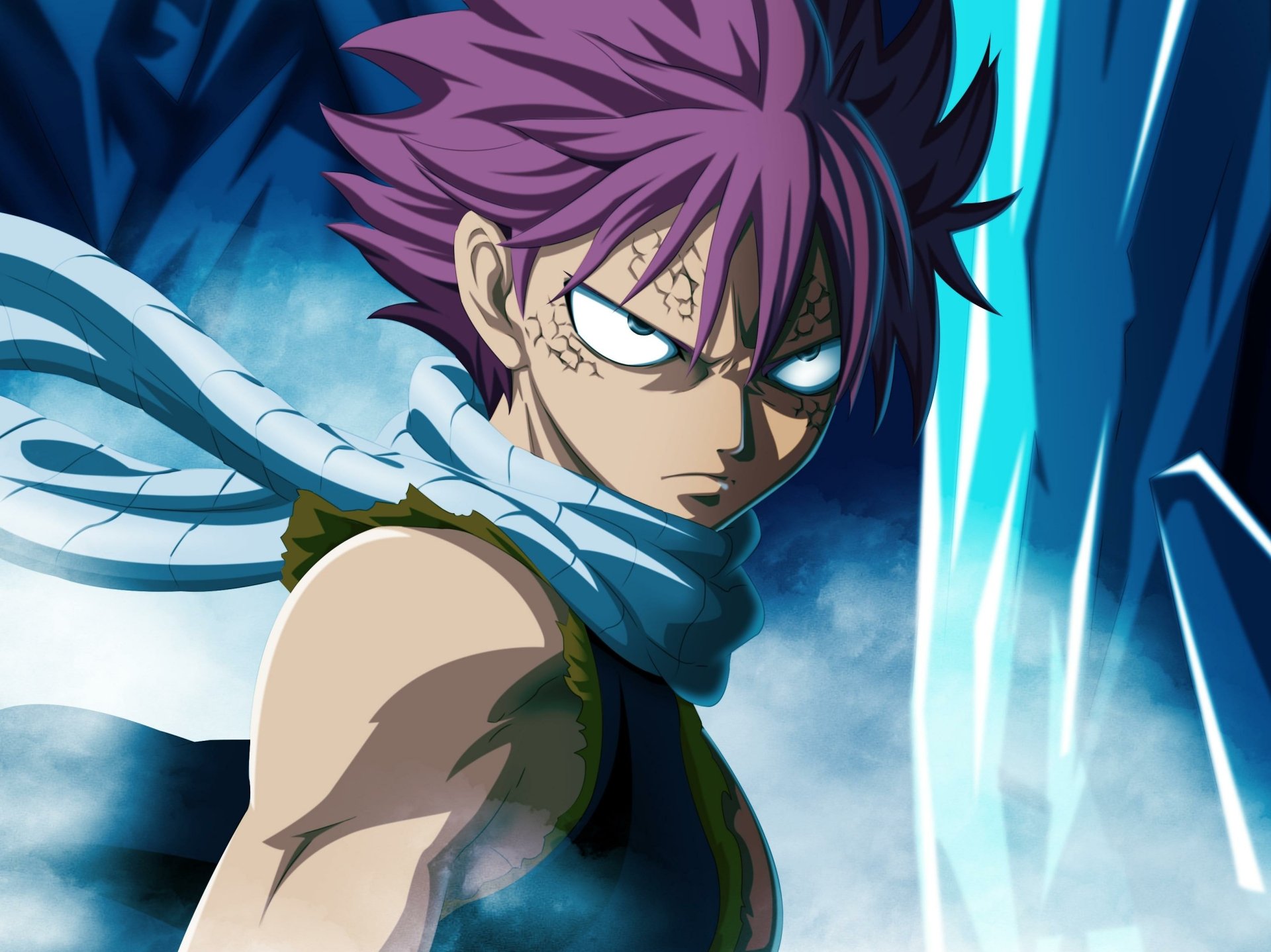 Natsu Dragneel from the anime Fairy Tail stands determinedly, showcasing his signature pink hair and intense gaze, set against a dramatic background in this HD desktop wallpaper.