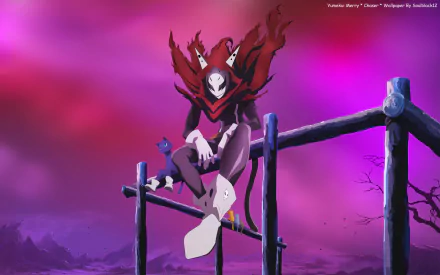 HD anime desktop wallpaper featuring John Doe from Yumekui Merry, set against a vivid pink and purple sky with the character perched on a wooden fence.