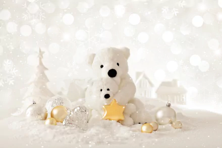 A cozy holiday scene featuring a fluffy white teddy bear surrounded by sparkling Christmas ornaments, including gold and silver decorations, set against a soft, snowy background.