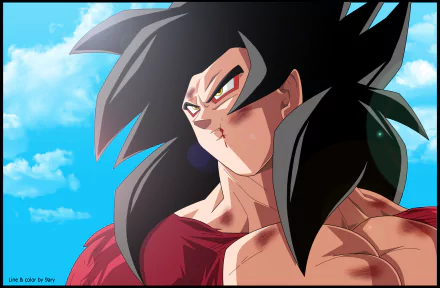 HD wallpaper of Super Saiyan 4 Goku from Dragon Ball GT, featuring a determined expression against a clear, blue sky.