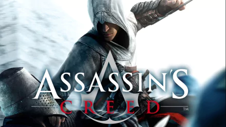 HD desktop wallpaper featuring Altair from the video game Assassin's Creed, showcasing the iconic character in his hooded assassin attire with the game's logo prominently displayed.