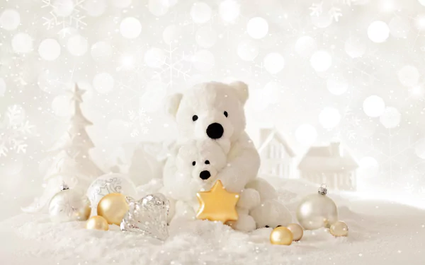 A cozy holiday scene featuring a fluffy white teddy bear surrounded by sparkling Christmas ornaments, including gold and silver decorations, set against a soft, snowy background.
