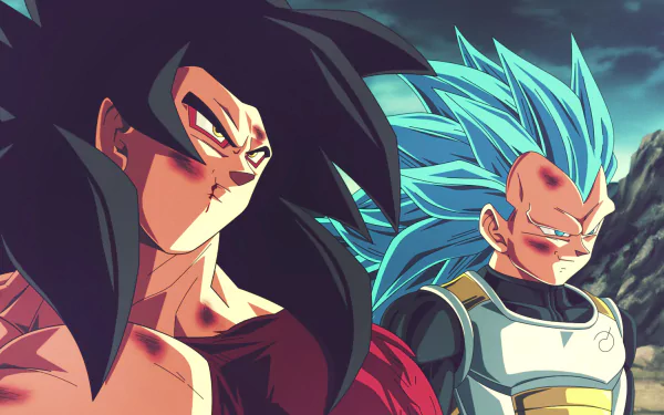 HD desktop wallpaper featuring Super Saiyan 4 Goku and Super Saiyan Blue Vegeta from Dragon Ball Super, with an intense and determined look against a dramatic sky background.