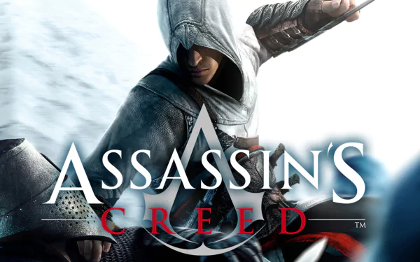 HD desktop wallpaper featuring Altair from the video game Assassin's Creed, showcasing the iconic character in his hooded assassin attire with the game's logo prominently displayed.