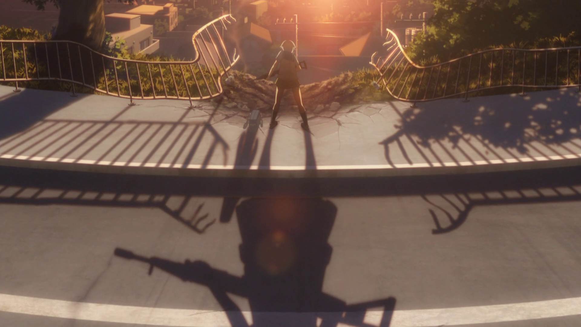 Anime, Upotte!! HD PC desktop wallpaper: silhouetted rifle-girl at sunset, her rifle shadow stretching across the pavement beneath a balustrade with a glowing city skyline beyond.