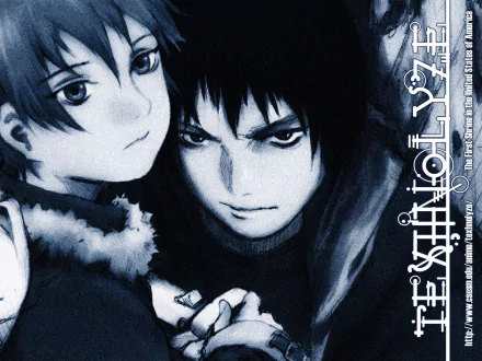 HD PC desktop wallpaper from anime Texhnolyze showing two close-up characters in monochrome—one grim, one softer—with the series title printed vertically along the right edge.