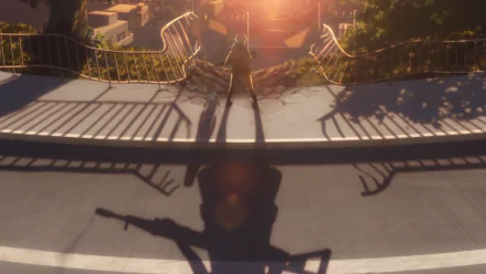 Anime, Upotte!! HD PC desktop wallpaper: silhouetted rifle-girl at sunset, her rifle shadow stretching across the pavement beneath a balustrade with a glowing city skyline beyond.