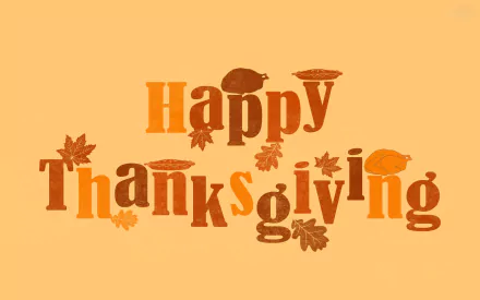 HD PC desktop wallpaper featuring Happy Thanksgiving text adorned with autumn leaves, a turkey, and a pie, celebrating the Thanksgiving holiday.