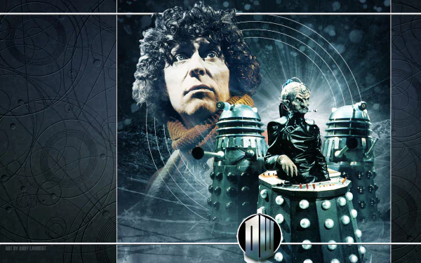 4K Ultra HD desktop wallpaper featuring iconic characters from the TV show Doctor Who (2005), including the Fourth Doctor and Daleks in a sci-fi themed background.