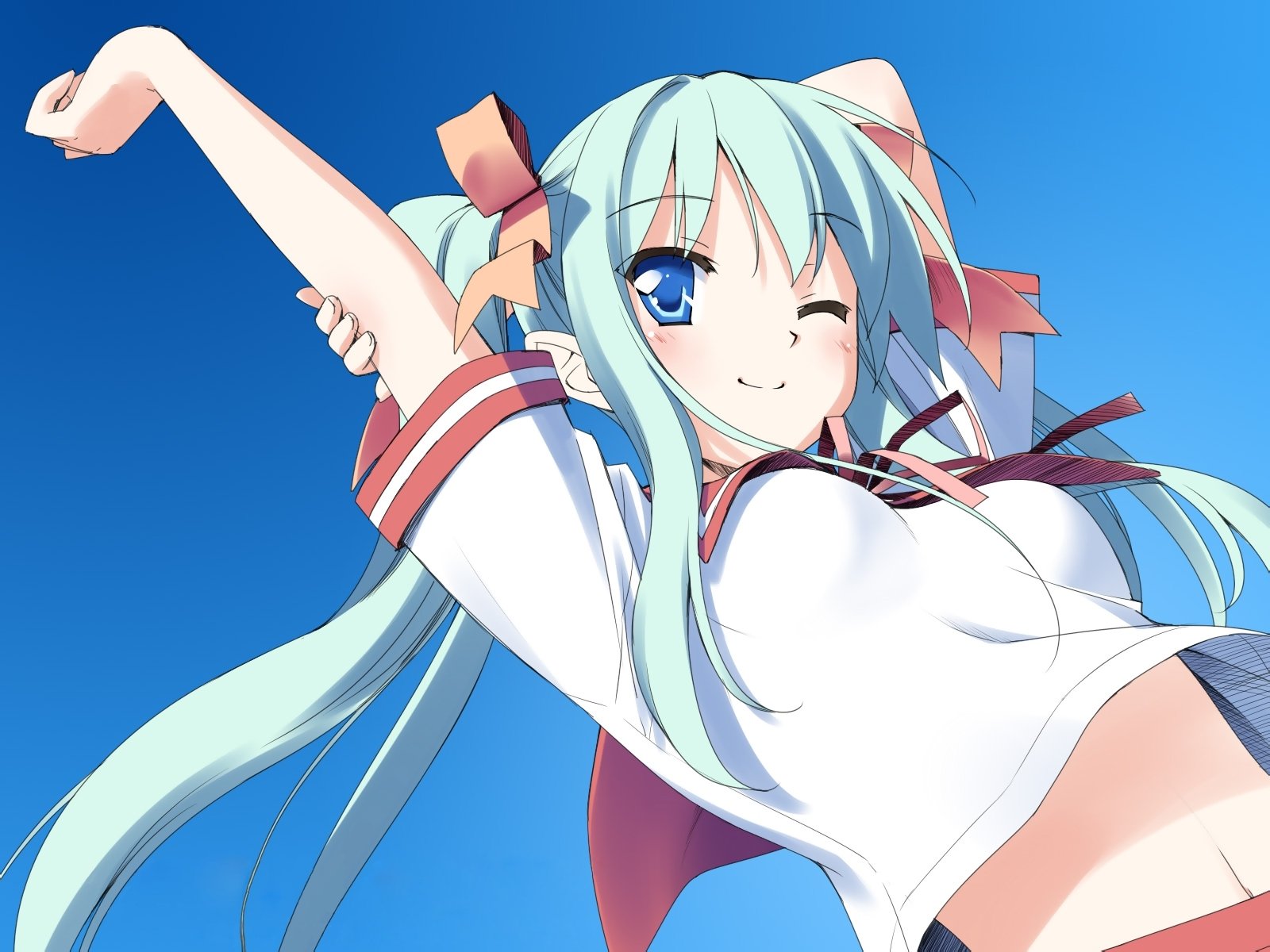 Anime-style original character with long turquoise hair and blue eyes, wearing a school uniform, set against a clear blue sky in this HD PC desktop wallpaper.