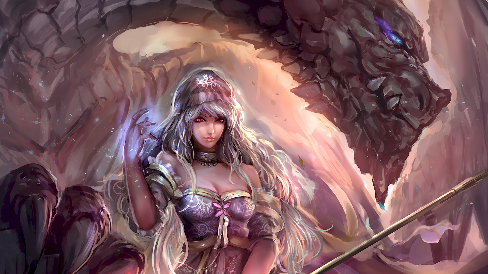 A sorcerer with long white hair and red eyes wields a magical necklace, standing confidently beside a dragon in a vibrant fantasy setting. HD desktop wallpaper.