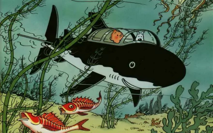 A scene from *The Adventures of Tintin*, featuring Tintin inside a shark-shaped submarine exploring an underwater world with colorful fish and lush seaweed in the background.