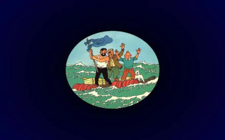 HD PC desktop wallpaper featuring a comic scene from The Adventures of Tintin with characters stranded on rocks in a turbulent sea.