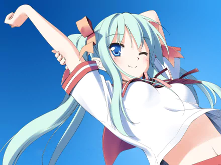 Anime-style original character with long turquoise hair and blue eyes, wearing a school uniform, set against a clear blue sky in this HD PC desktop wallpaper.