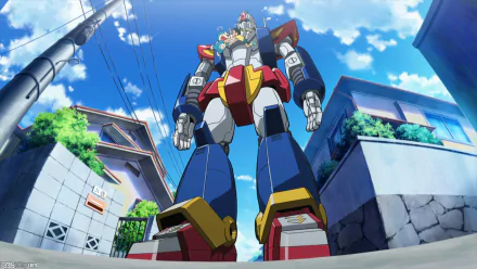 A striking HD wallpaper from Doraemon: Nobita and the New Steel Troops: ~Winged Angels~, featuring a towering robotic figure against a vibrant blue sky and urban backdrop.