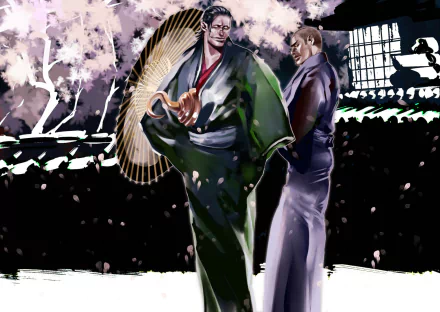 HD PC desktop wallpaper featuring Crocodile from the anime One Piece, depicted in traditional attire with cherry blossoms and a serene background.