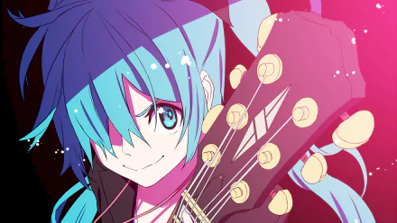 HD anime desktop wallpaper featuring Hatsune Miku, the iconic Vocaloid, with vibrant colors and detailed guitar close-up.
