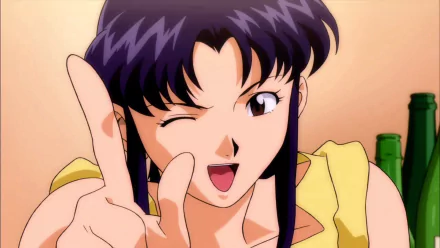 HD desktop wallpaper featuring Misato Katsuragi from Evangelion: 1.0 You Are (Not) Alone, winking and pointing with a playful expression.