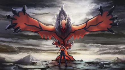HD desktop wallpaper featuring Yveltal, a legendary Pokémon, and a character from the Pokémon anime, against a dramatic, cloudy sky backdrop with mountains in the distance.