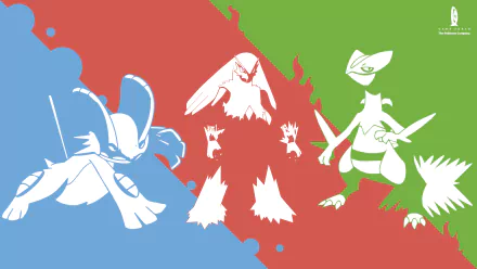 A HD desktop wallpaper featuring Sceptile, Blaziken, and Swampert from Pokémon. The image is divided into vibrant blue, red, and green sections highlighting each character in an anime style.