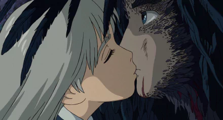 A serene moment from Howl's Moving Castle featuring a tender kiss between two characters, showcasing the enchanting artistry of anime in this HD desktop wallpaper.