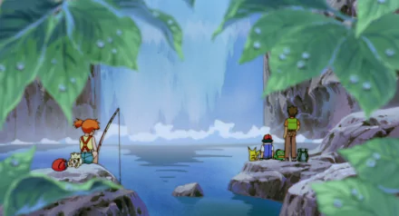 A serene scene from Pokémon: The First Movie, featuring Ash Ketchum, Misty fishing, Brock in the background, along with Pikachu and Togepi near a tranquil waterfall.