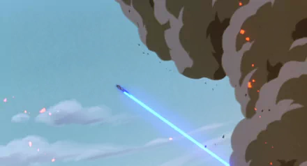 HD PC desktop wallpaper featuring Mewtwo from Pokémon: The First Movie, showcasing dynamic anime action with bright energy beams against a smoky sky backdrop.