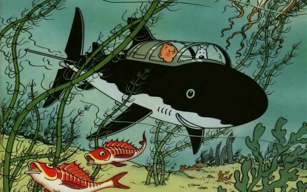 A scene from *The Adventures of Tintin*, featuring Tintin inside a shark-shaped submarine exploring an underwater world with colorful fish and lush seaweed in the background.