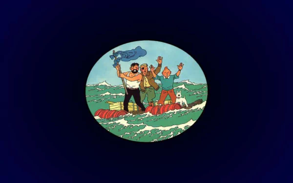 HD PC desktop wallpaper featuring a comic scene from The Adventures of Tintin with characters stranded on rocks in a turbulent sea.