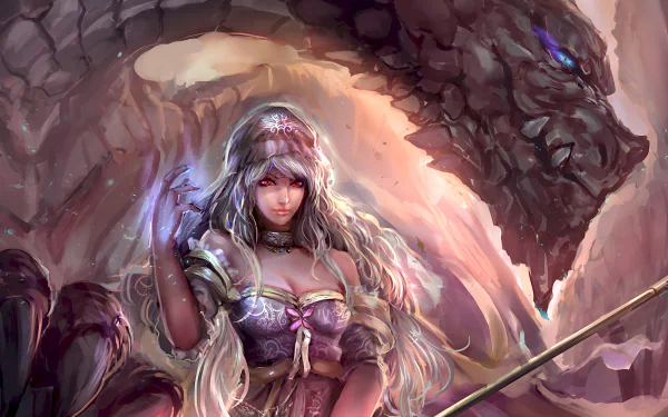 A sorcerer with long white hair and red eyes wields a magical necklace, standing confidently beside a dragon in a vibrant fantasy setting. HD desktop wallpaper.