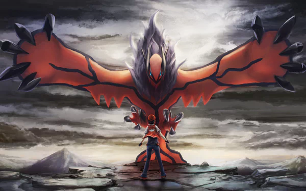 HD desktop wallpaper featuring Yveltal, a legendary Pokémon, and a character from the Pokémon anime, against a dramatic, cloudy sky backdrop with mountains in the distance.