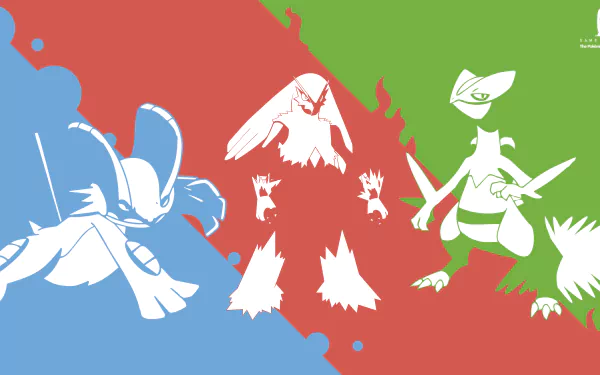 A HD desktop wallpaper featuring Sceptile, Blaziken, and Swampert from Pokémon. The image is divided into vibrant blue, red, and green sections highlighting each character in an anime style.