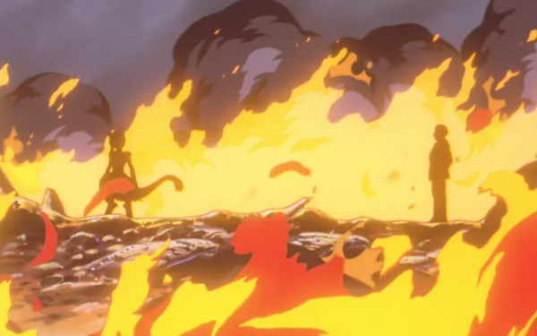 HD desktop wallpaper featuring Giovanni and Mewtwo from Pokémon: The First Movie amidst a dramatic fiery scene in anime style.