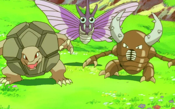 HD PC wallpaper: anime-style Venomoth hovering over a grassy field with Golem (left) and Pinsir (right), from Pokémon: The First Movie.