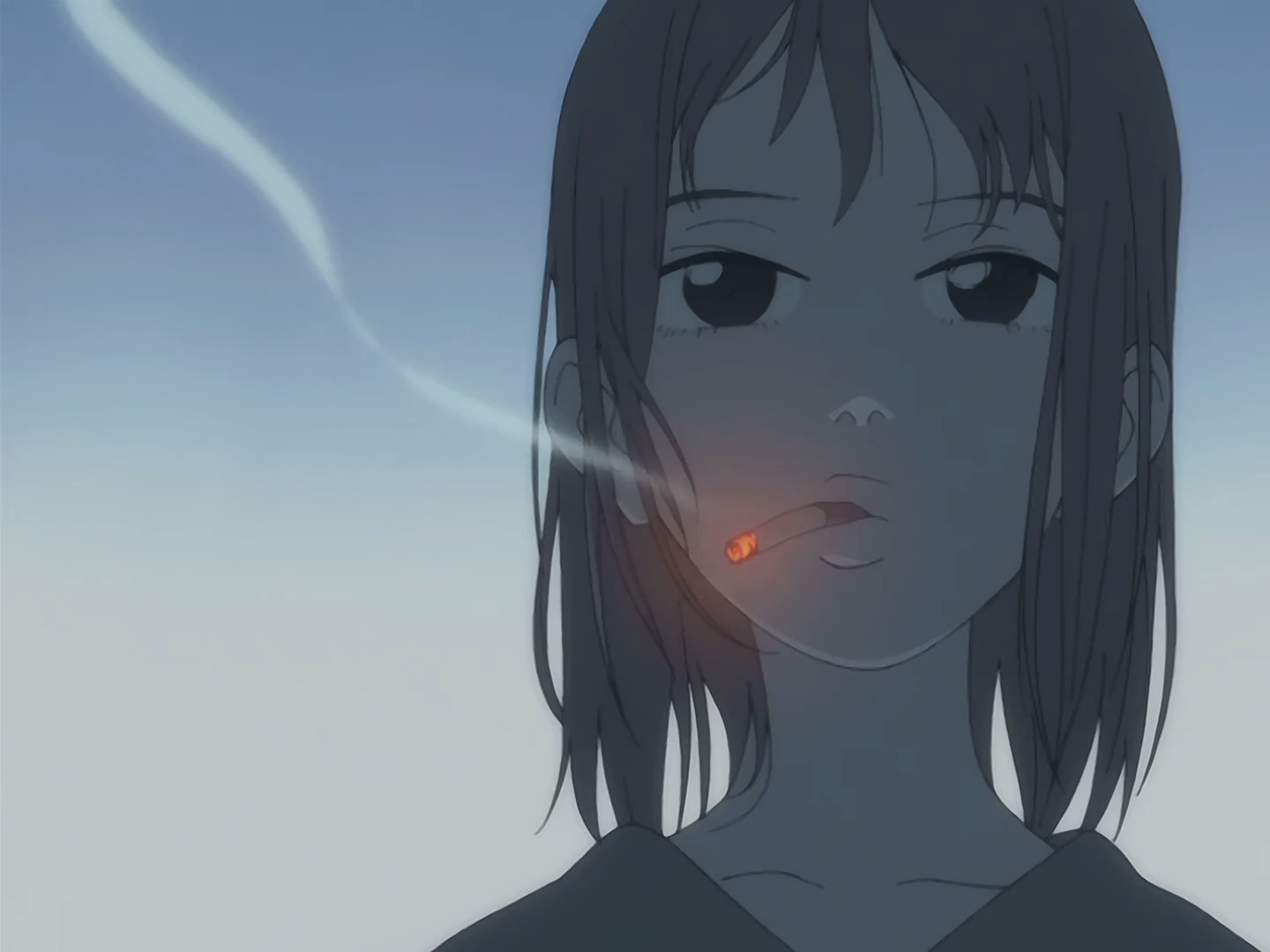 HD PC desktop wallpaper featuring an anime-style close-up of a FLCL character with a cigarette glowing in the dim light.