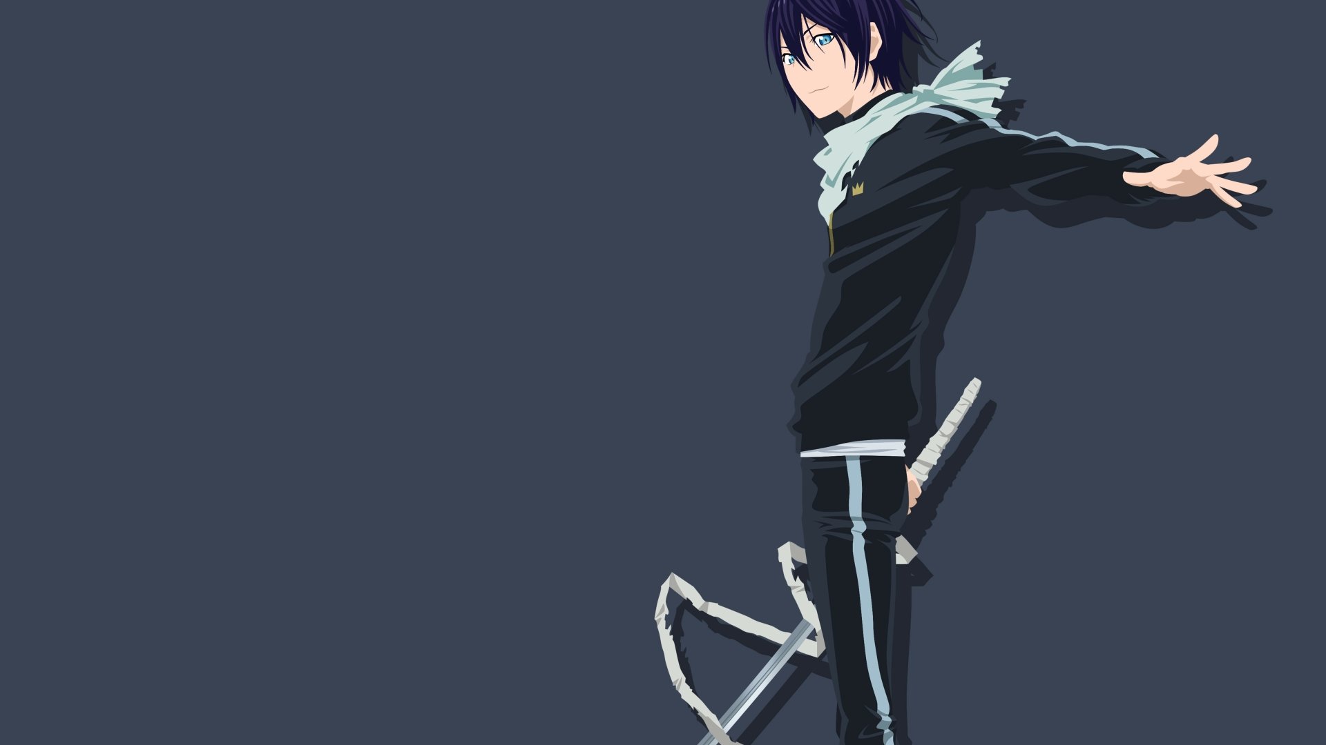 HD desktop wallpaper featuring Yato from the anime Noragami, with striking purple hair and blue eyes, standing in a dynamic pose against a plain, dark background.