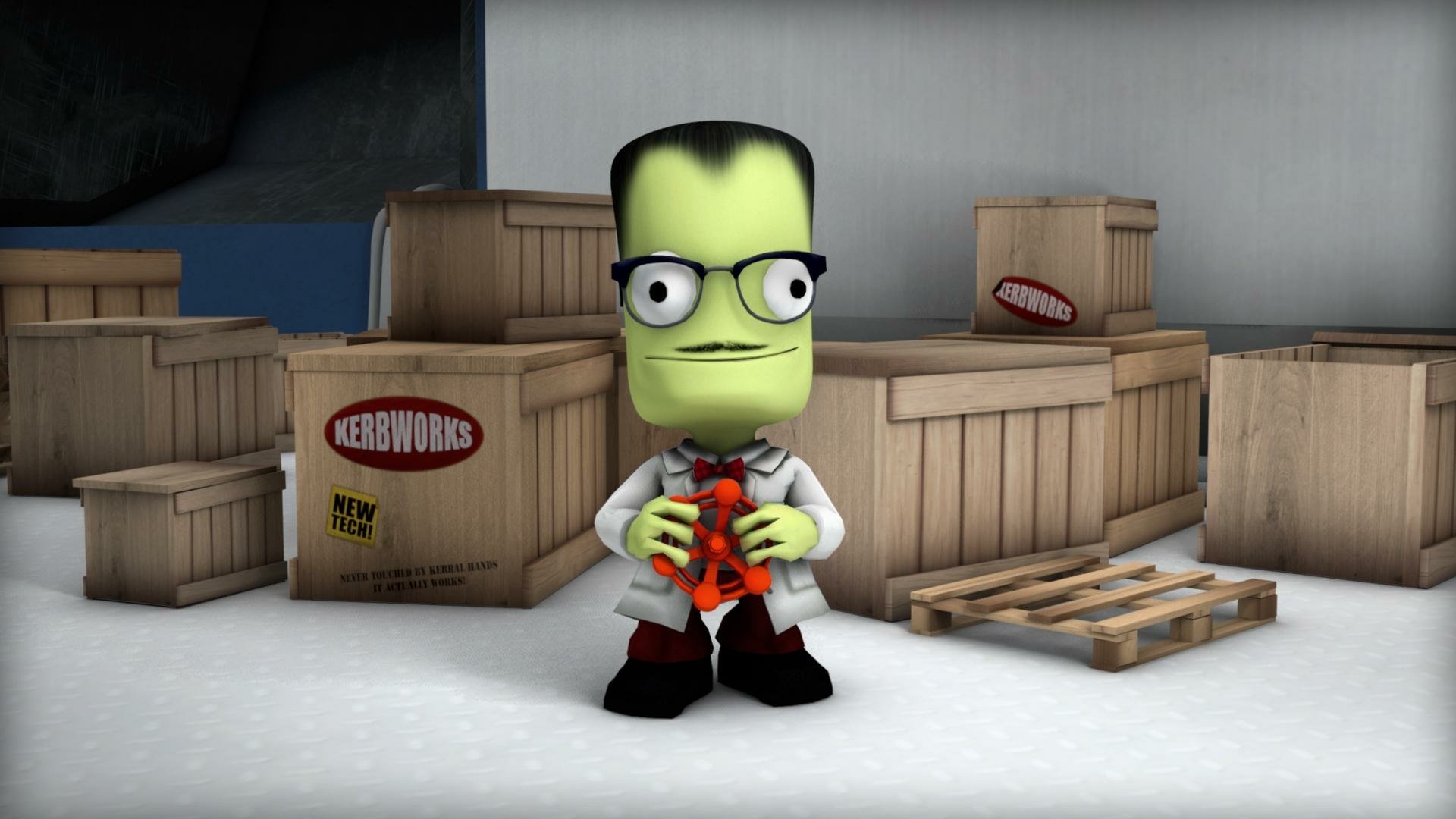 HD PC desktop wallpaper of the video game Kerbal Space Program: a green Kerbal in a lab coat holds a small orange rocket, standing among wooden crates and pallets in a storage area.