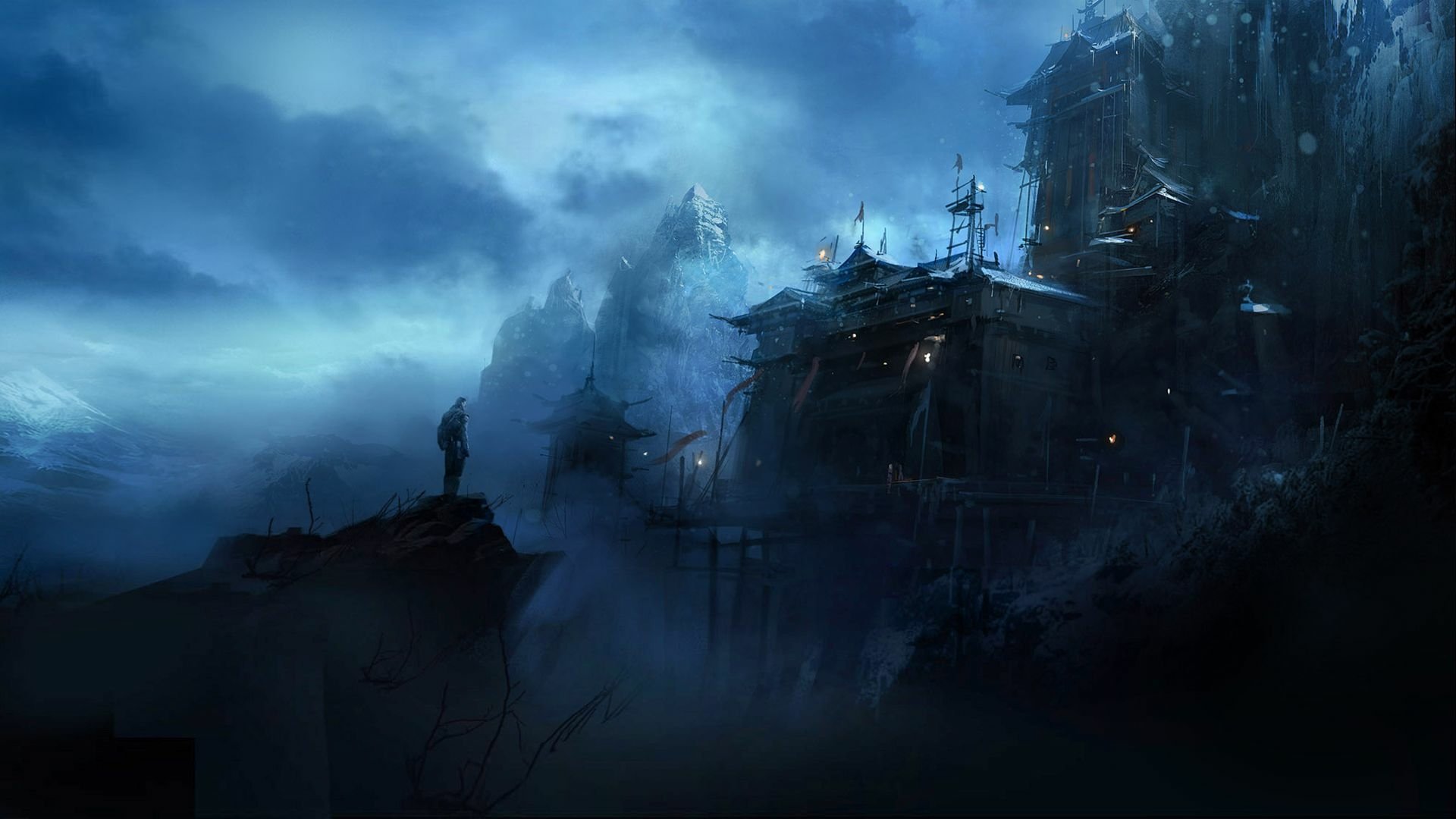 HD PC desktop wallpaper from the video game Batman: Arkham Origins, featuring a dark, misty fortress set against a stormy sky.