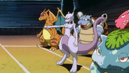 A dynamic HD wallpaper featuring Mewtwo, Venusaur, Blastoise, and Charizard from Pokémon: The First Movie, showcasing iconic anime Pokémon in an action-packed scene.