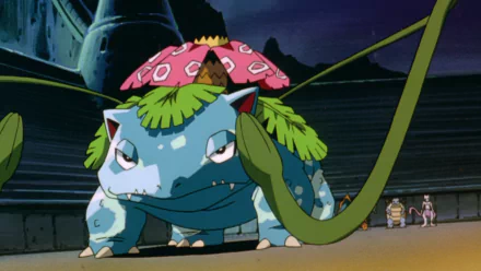 HD desktop wallpaper featuring Venusaur from Pokémon: The First Movie, depicted in anime style with lush leaves and a flower on its back under a dark sky.
