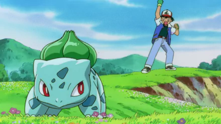 HD desktop wallpaper featuring Ash Ketchum and Bulbasaur from Pokémon: The First Movie in a vibrant anime scene.