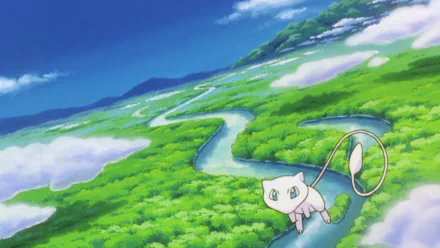 Mew from Pokémon: The First Movie drifts above a winding river and vibrant green landscape under a bright blue sky — HD anime PC desktop wallpaper.