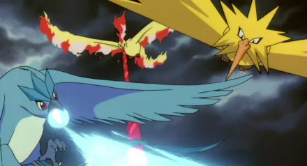 HD wallpaper featuring Articuno, Zapdos, and Moltres from Pokémon: The Movie 2000, displaying their powers in an intense anime battle scene.