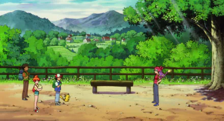 A vibrant scene from Pokémon 3: The Movie - Spell of the Unown, featuring Ash, Misty, Brock, Pikachu, Togepi, and Aipom against a lush, mountainous backdrop.