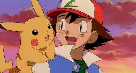 HD desktop wallpaper featuring Ash Ketchum and Pikachu from Pokémon: The Movie 2000, set against a vibrant pink and orange sunset sky, capturing an anime moment of joy and adventure.